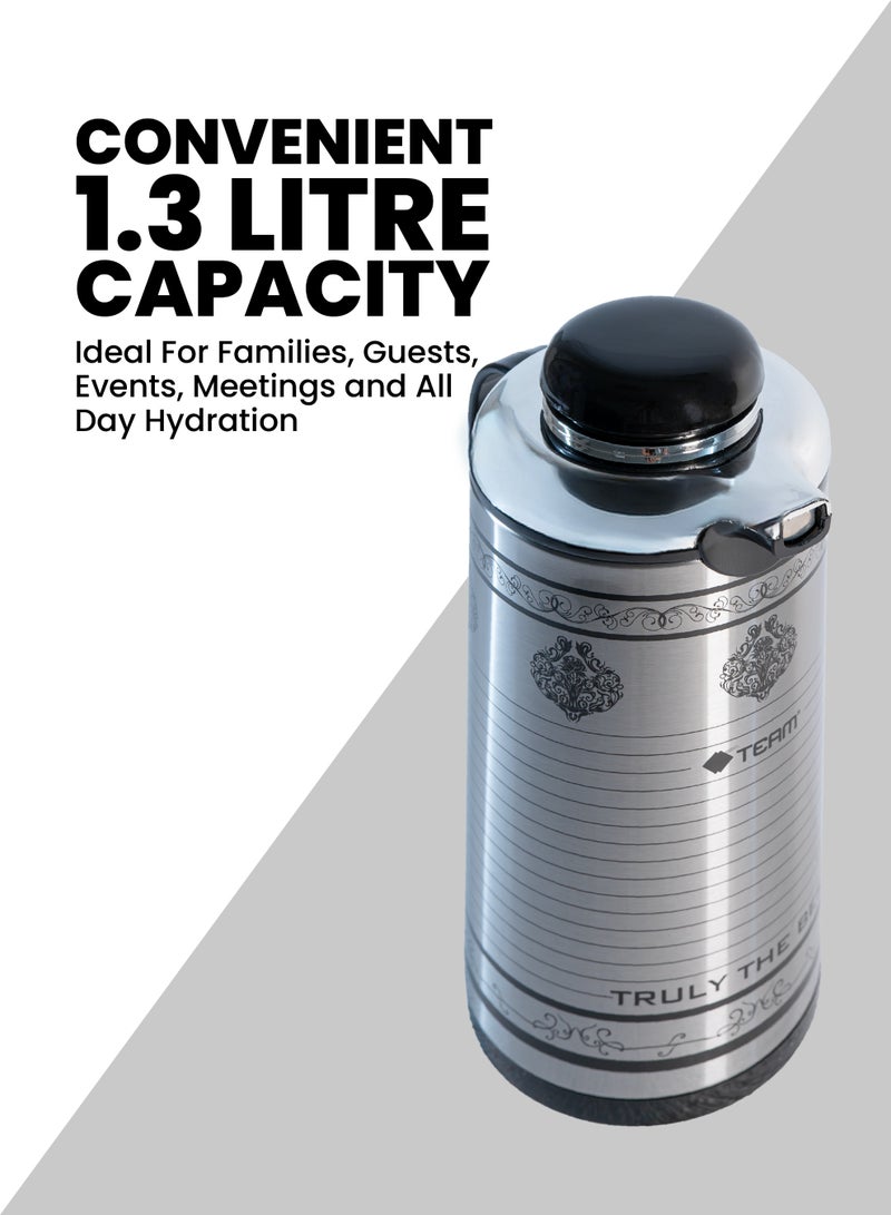 تيم TEAM 1.3L Stainless Steel Vacuum Flask – Double Wall Thermal Carafe | Keeps Drinks Hot & Cold for Hours | Durable Coffee & Tea Thermos with Easy‑Pour Handle - Image 5